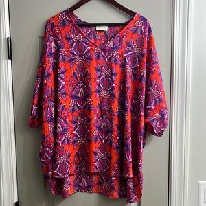 Aura Red and Blue Oversized Tunic with 3/4 Sleeves